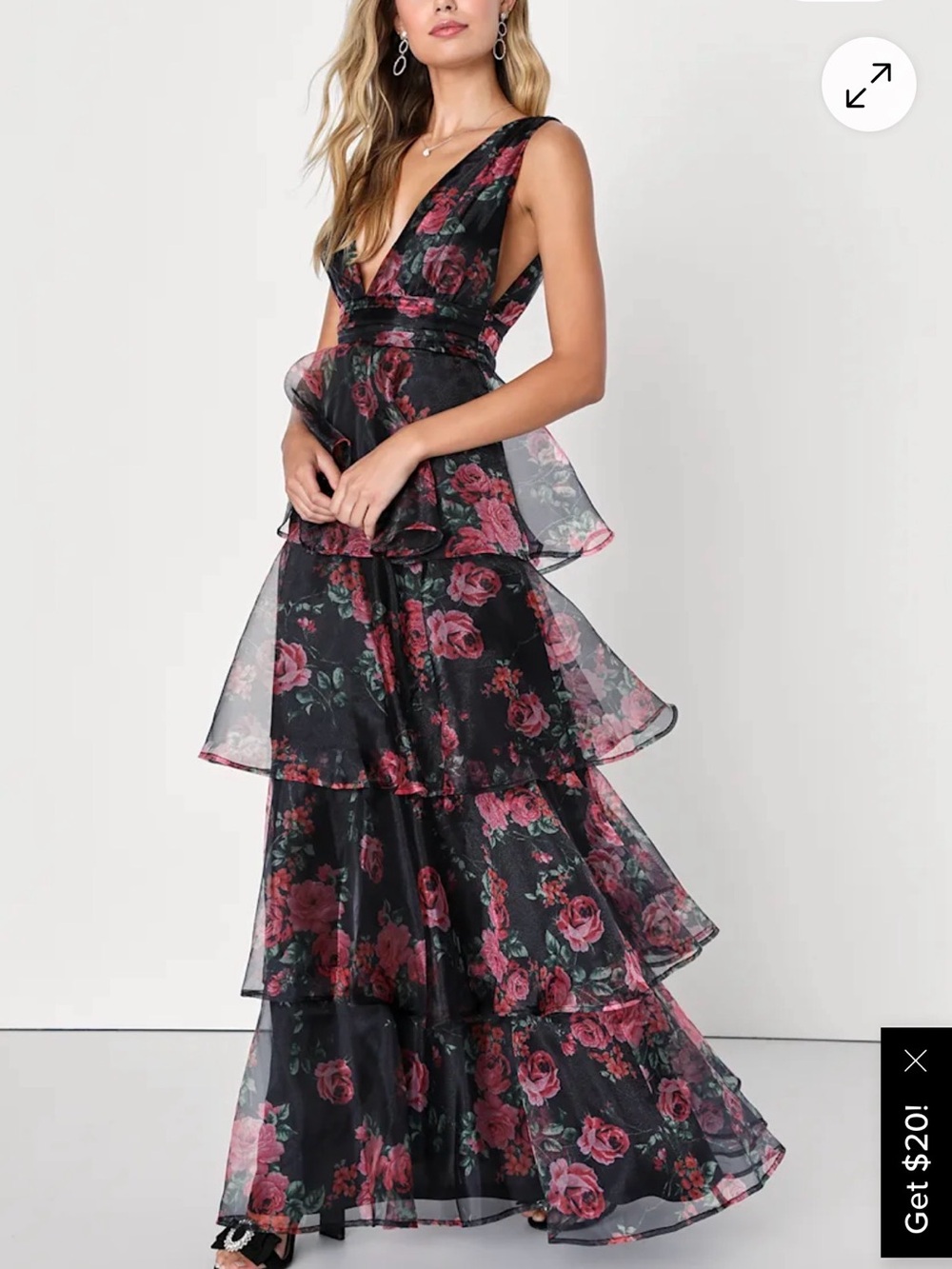 Lulus Garden Radience Black Floral Organza Tiered V-Neck Evening Dress